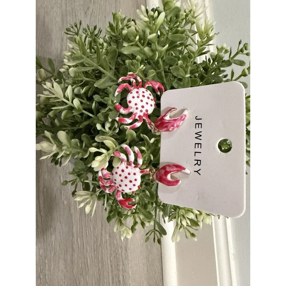 Pink White Polka Dot Ocean Crab Dangle Earrings Enamel Beach Jewelry NEW